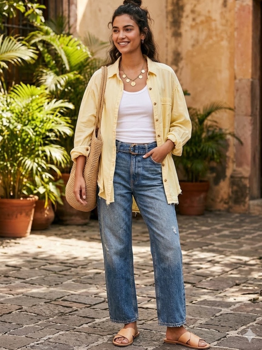 We The Free The Frayed Hem Lightweight Button-Up Shirt Yellow Oversized Medium - Picture 8 of 8